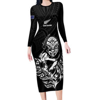 New Zealand Silver Fern Rugby Custom Family Matching Long Sleeve Bodycon Dress and Hawaiian Shirt Maori Tiki Black Version