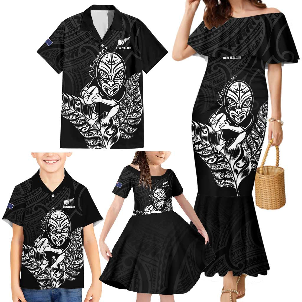 New Zealand Silver Fern Rugby Custom Family Matching Mermaid Dress and Hawaiian Shirt Maori Tiki Black Version