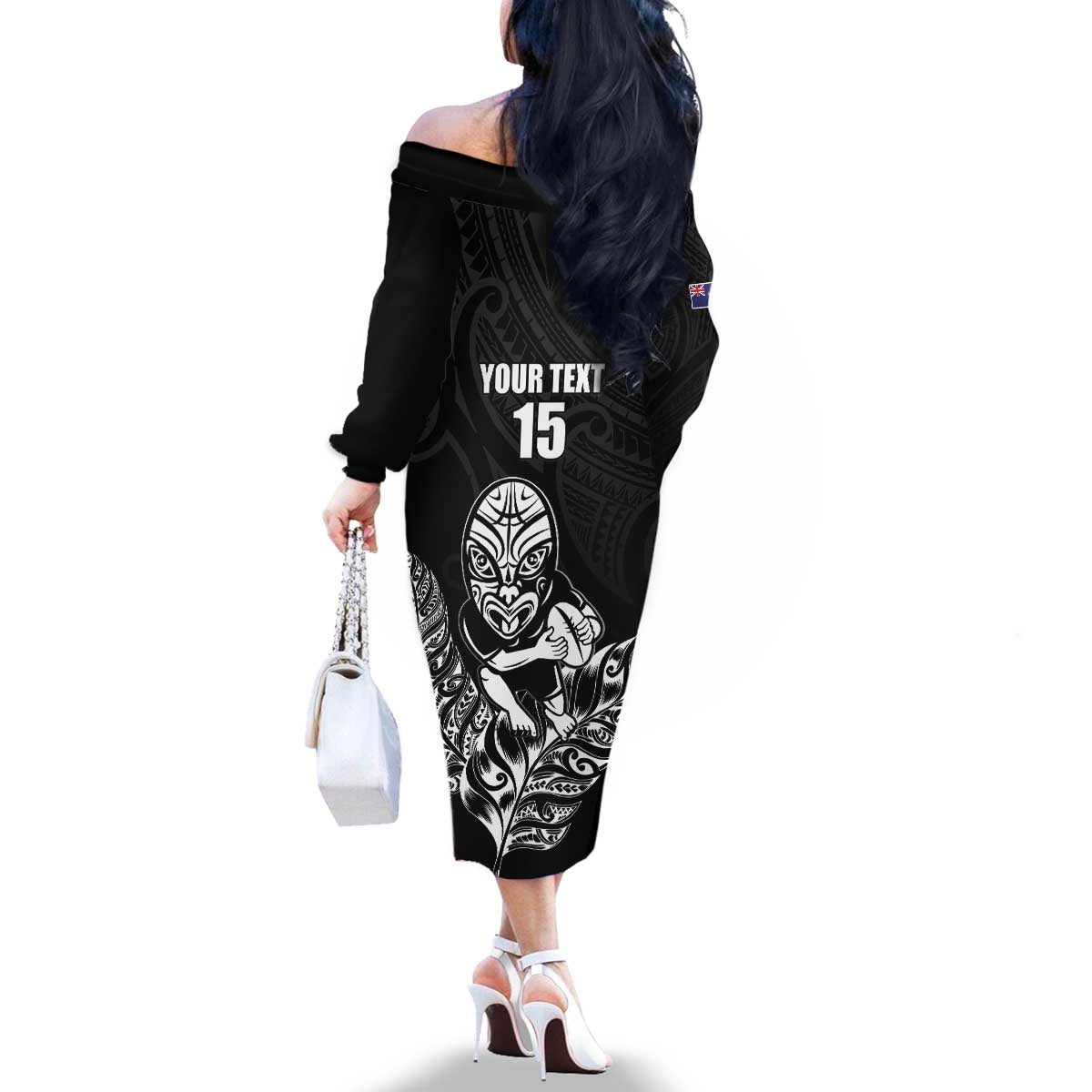 New Zealand Silver Fern Rugby Custom Family Matching Off The Shoulder Long Sleeve Dress and Hawaiian Shirt Maori Tiki Black Version