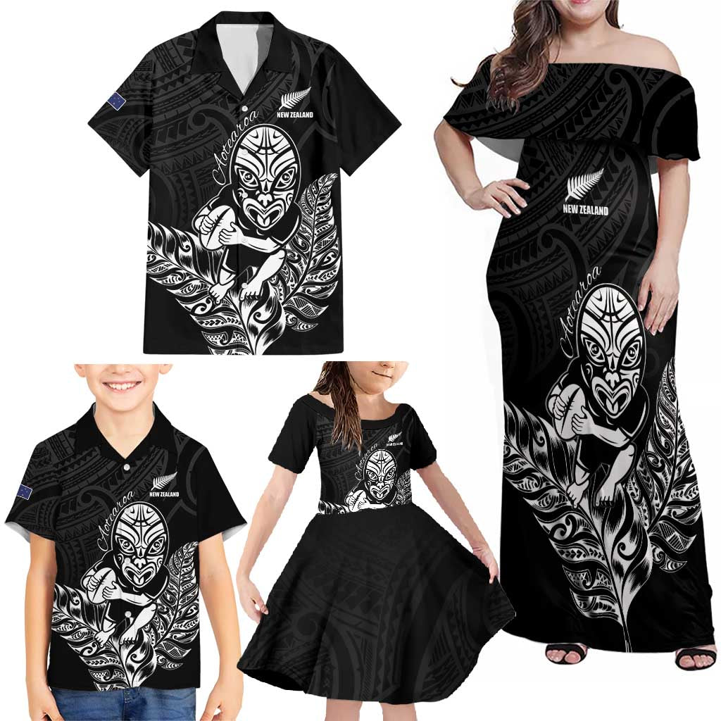 New Zealand Silver Fern Rugby Custom Family Matching Off Shoulder Maxi Dress and Hawaiian Shirt Maori Tiki Black Version