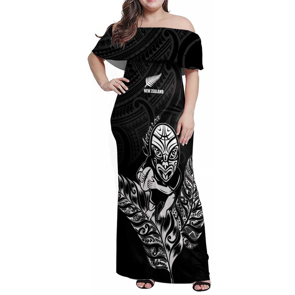 New Zealand Silver Fern Rugby Custom Family Matching Off Shoulder Maxi Dress and Hawaiian Shirt Maori Tiki Black Version