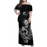 New Zealand Silver Fern Rugby Custom Family Matching Off Shoulder Maxi Dress and Hawaiian Shirt Maori Tiki Black Version