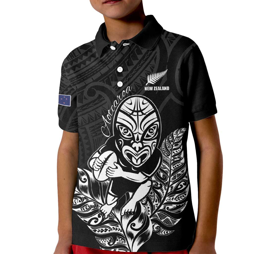 New Zealand Silver Fern Rugby Custom Kid Polo Shirt Maori Tiki Black Version