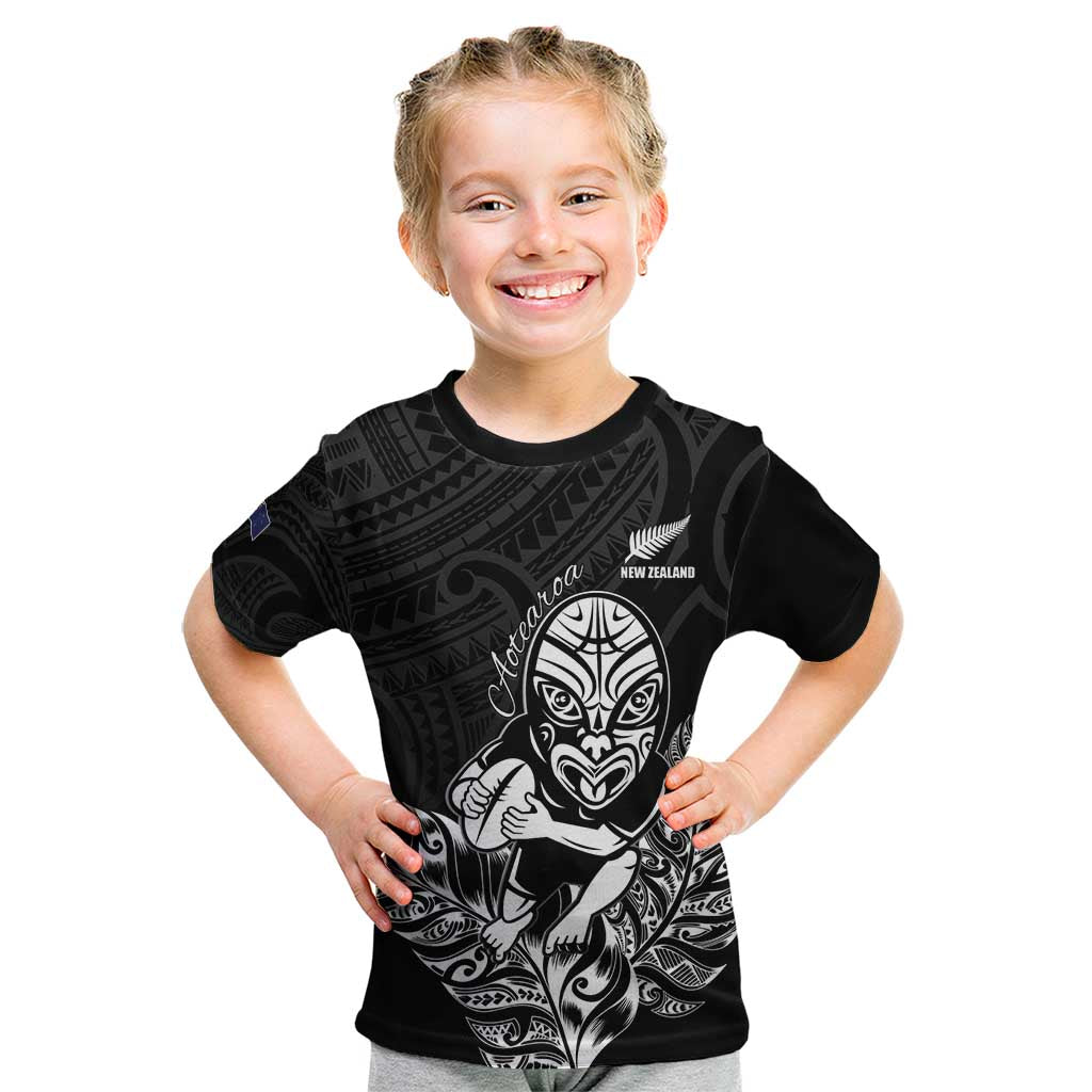New Zealand Silver Fern Rugby Custom Kid T Shirt Maori Tiki Black Version
