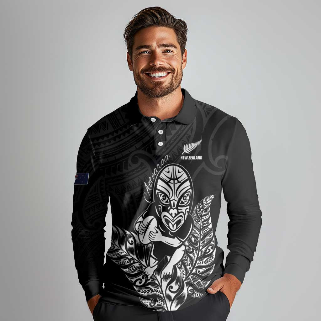 New Zealand Silver Fern Rugby Custom Long Sleeve Polo Shirt Maori Tiki Black Version