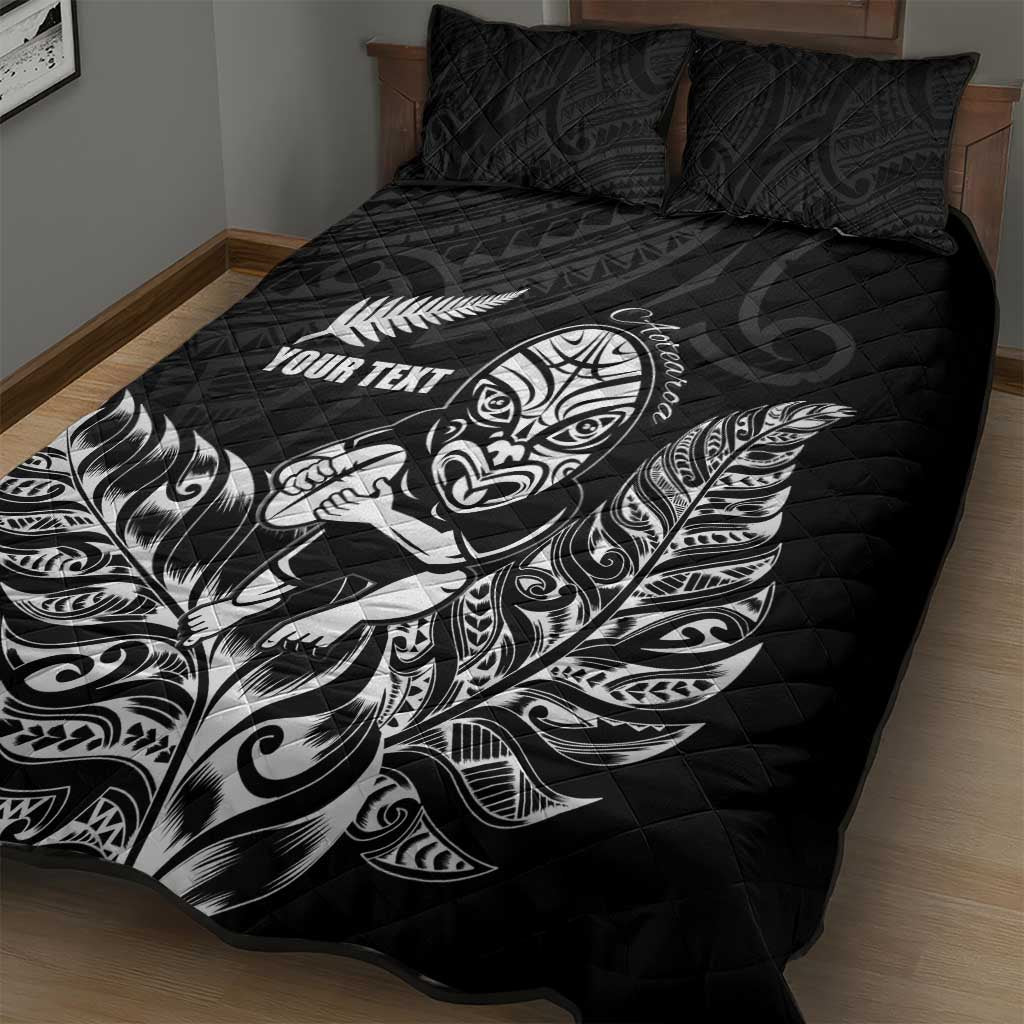 New Zealand Silver Fern Rugby Custom Quilt Bed Set Maori Tiki Black Version