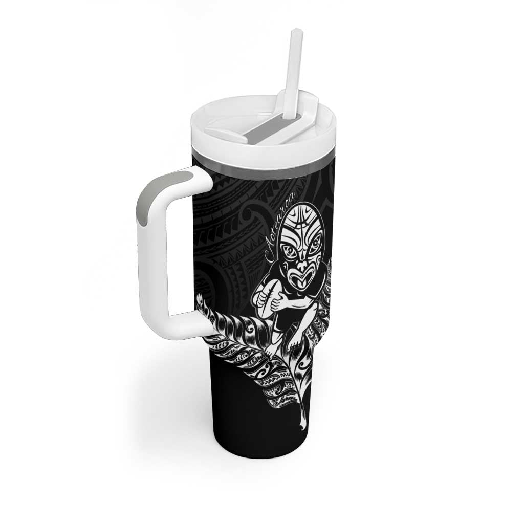 New Zealand Silver Fern Rugby Custom Tumbler With Handle Maori Tiki Black Version LT15 - Polynesian Pride