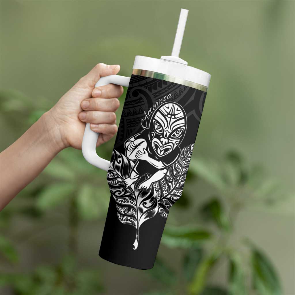 New Zealand Silver Fern Rugby Custom Tumbler With Handle Maori Tiki Black Version LT15 - Polynesian Pride