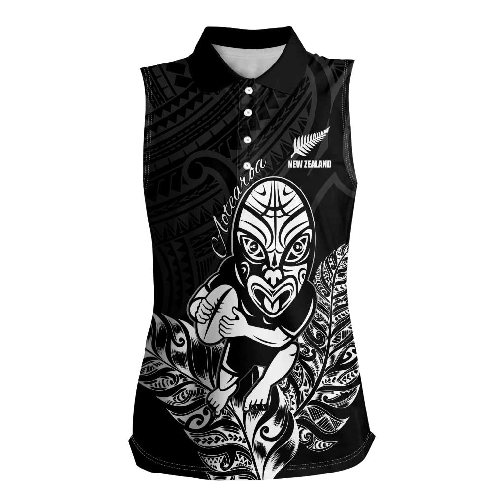 New Zealand Silver Fern Rugby Custom Women Sleeveless Polo Shirt Maori Tiki Black Version