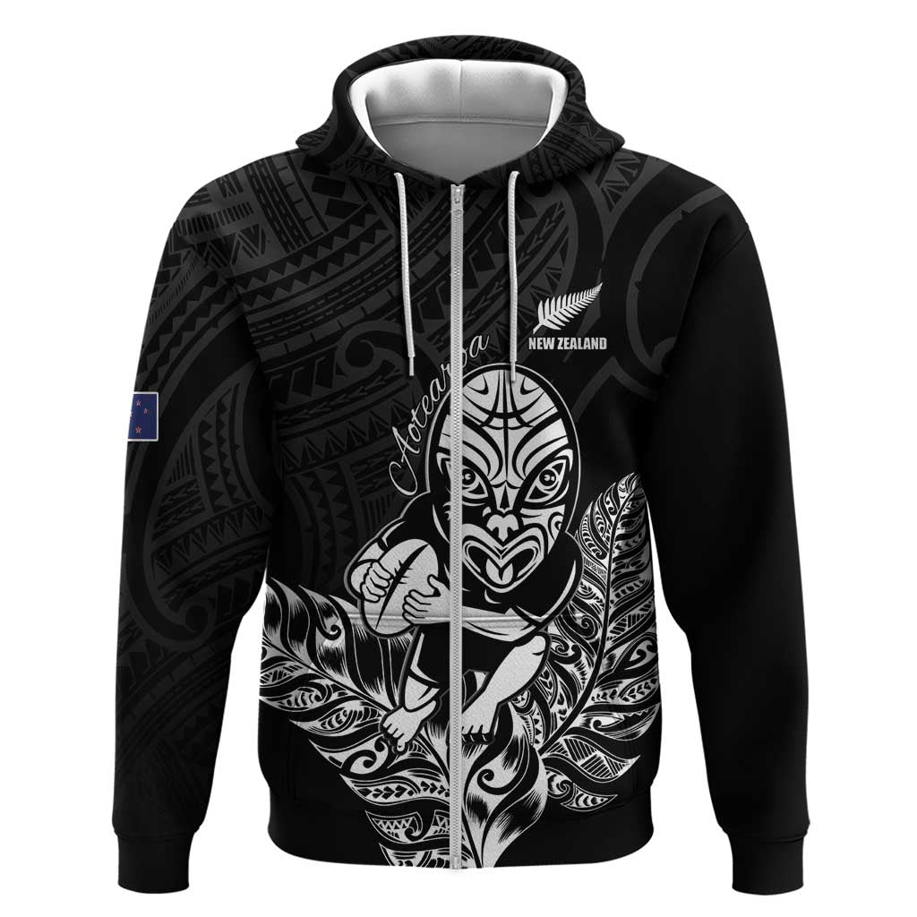 New Zealand Silver Fern Rugby Custom Zip Hoodie Maori Tiki Black Version LT15 Zip Hoodie Black - Polynesian Pride