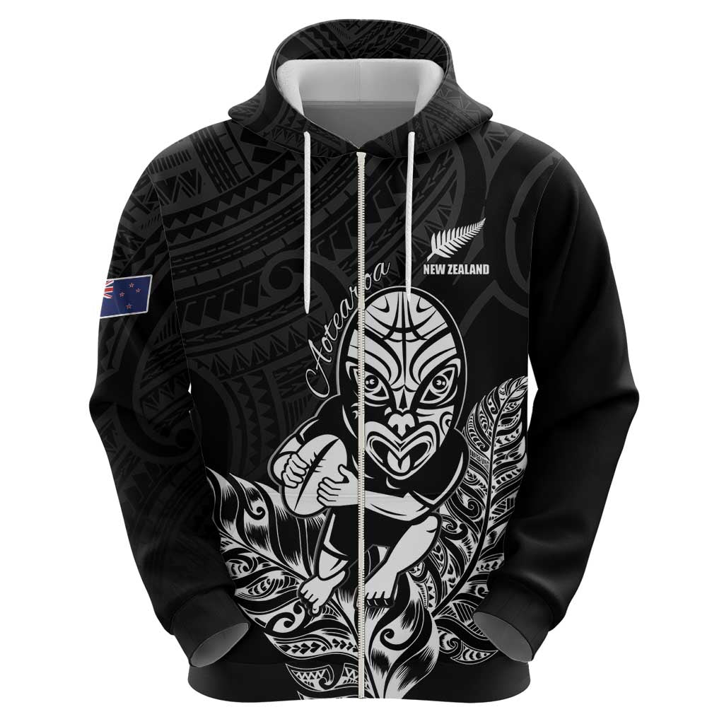 New Zealand Silver Fern Rugby Custom Zip Hoodie Maori Tiki Black Version LT15 - Polynesian Pride