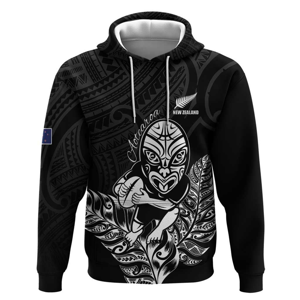 New Zealand Silver Fern Rugby Custom Zip Hoodie Maori Tiki Black Version LT15 Pullover Hoodie Black - Polynesian Pride