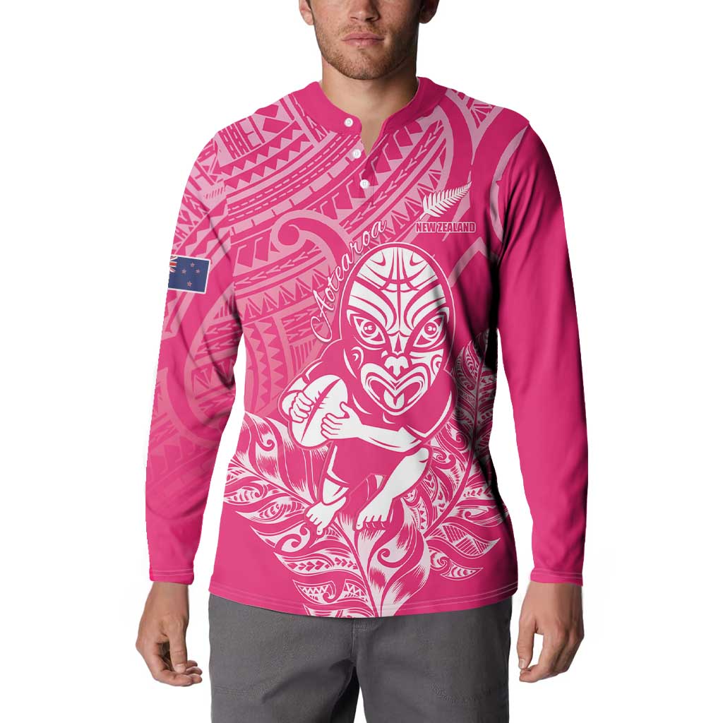 New Zealand Silver Fern Rugby Custom Button Sweatshirt Maori Tiki Pink Version