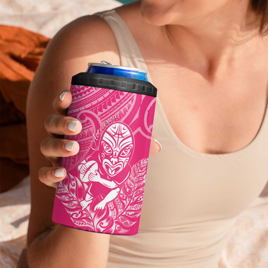 New Zealand Silver Fern Rugby Custom 4 in 1 Can Cooler Tumbler Maori Tiki Pink Version