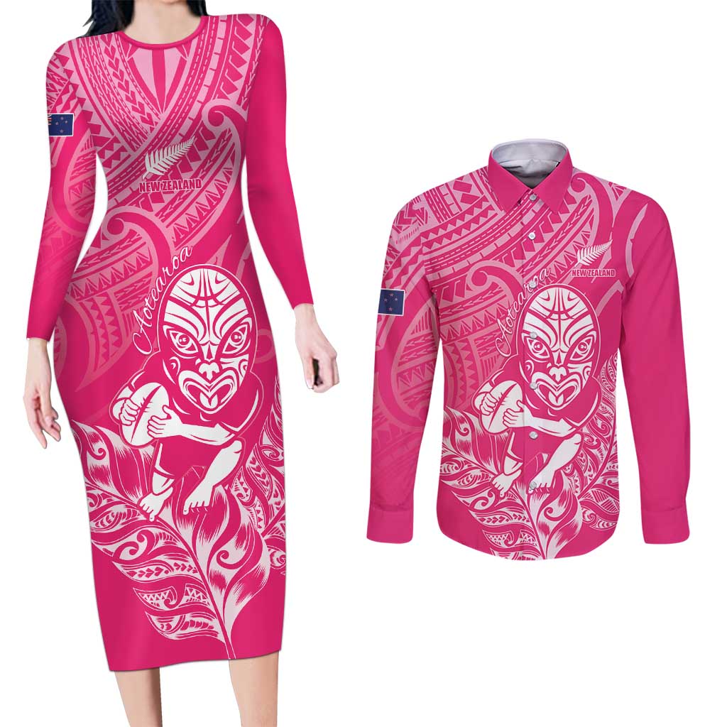New Zealand Silver Fern Rugby Custom Couples Matching Long Sleeve Bodycon Dress and Long Sleeve Button Shirt Maori Tiki Pink Version