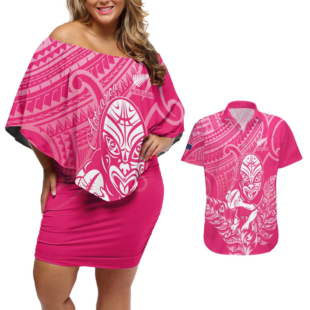 New Zealand Silver Fern Rugby Custom Couples Matching Off Shoulder Short Dress and Hawaiian Shirt Maori Tiki Pink Version