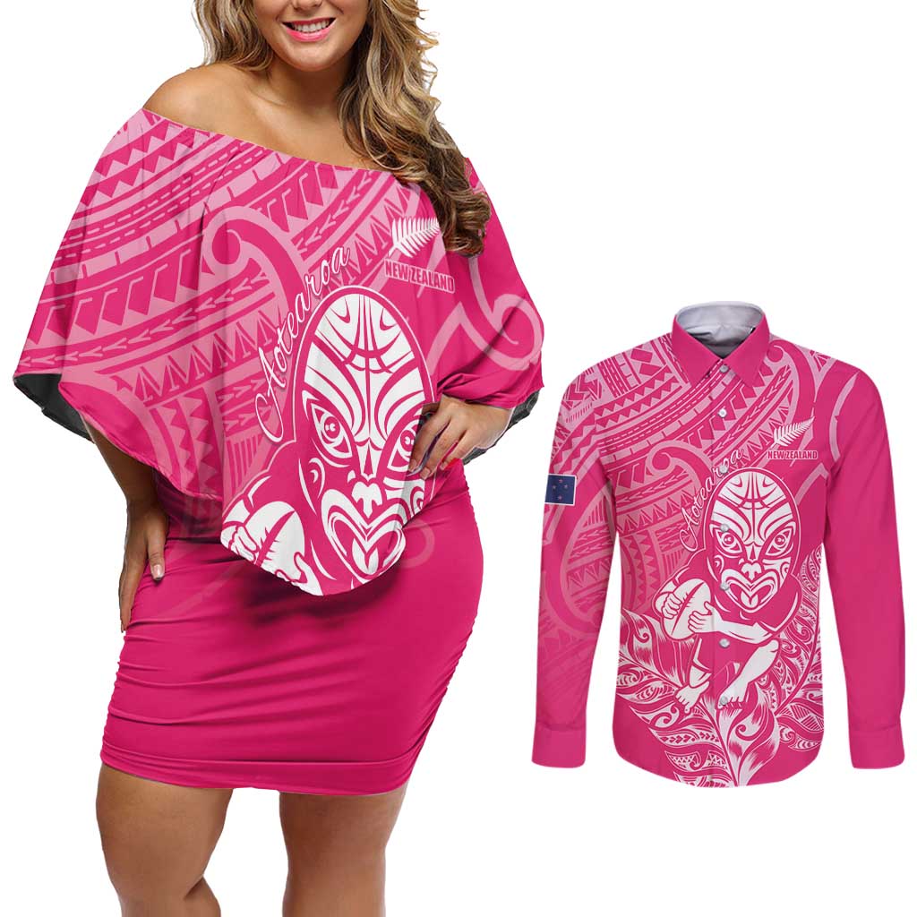 New Zealand Silver Fern Rugby Custom Couples Matching Off Shoulder Short Dress and Long Sleeve Button Shirt Maori Tiki Pink Version