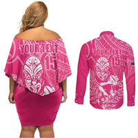New Zealand Silver Fern Rugby Custom Couples Matching Off Shoulder Short Dress and Long Sleeve Button Shirt Maori Tiki Pink Version