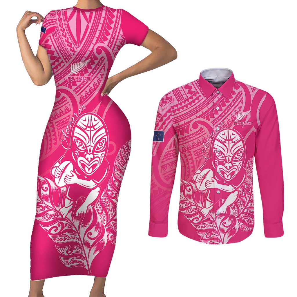 New Zealand Silver Fern Rugby Custom Couples Matching Short Sleeve Bodycon Dress and Long Sleeve Button Shirt Maori Tiki Pink Version