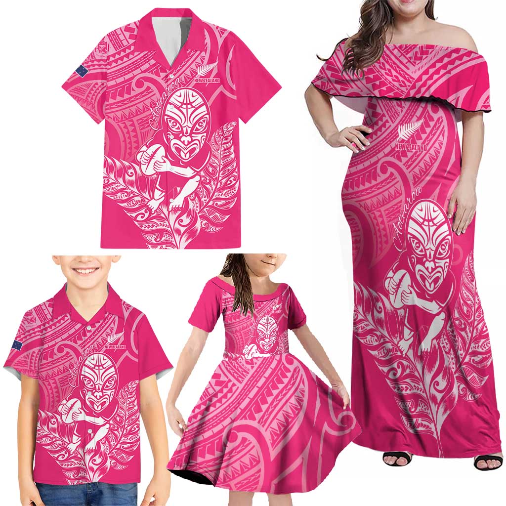 New Zealand Silver Fern Rugby Custom Family Matching Off Shoulder Maxi Dress and Hawaiian Shirt Maori Tiki Pink Version