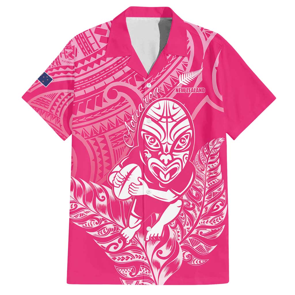 New Zealand Silver Fern Rugby Custom Family Matching Off Shoulder Maxi Dress and Hawaiian Shirt Maori Tiki Pink Version