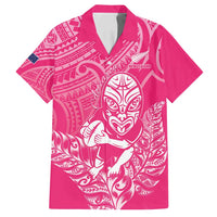 New Zealand Silver Fern Rugby Custom Family Matching Off Shoulder Short Dress and Hawaiian Shirt Maori Tiki Pink Version