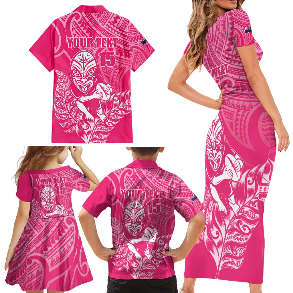 New Zealand Silver Fern Rugby Custom Family Matching Short Sleeve Bodycon Dress and Hawaiian Shirt Maori Tiki Pink Version