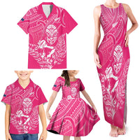 New Zealand Silver Fern Rugby Custom Family Matching Tank Maxi Dress and Hawaiian Shirt Maori Tiki Pink Version