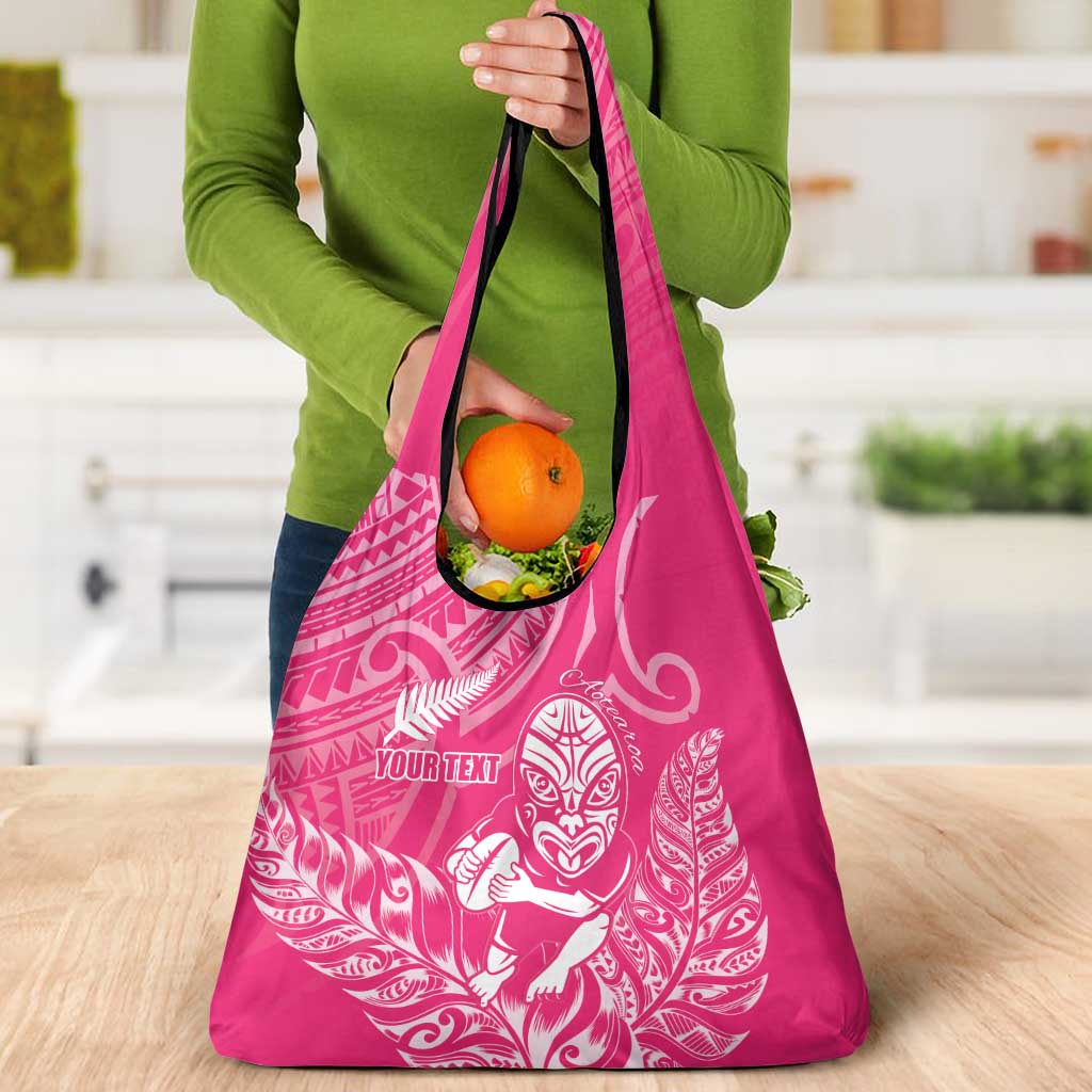 New Zealand Silver Fern Rugby Custom Grocery Bag Maori Tiki Pink Version LT15 - Polynesian Pride