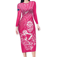 New Zealand Silver Fern Rugby Custom Long Sleeve Bodycon Dress Maori Tiki Pink Version