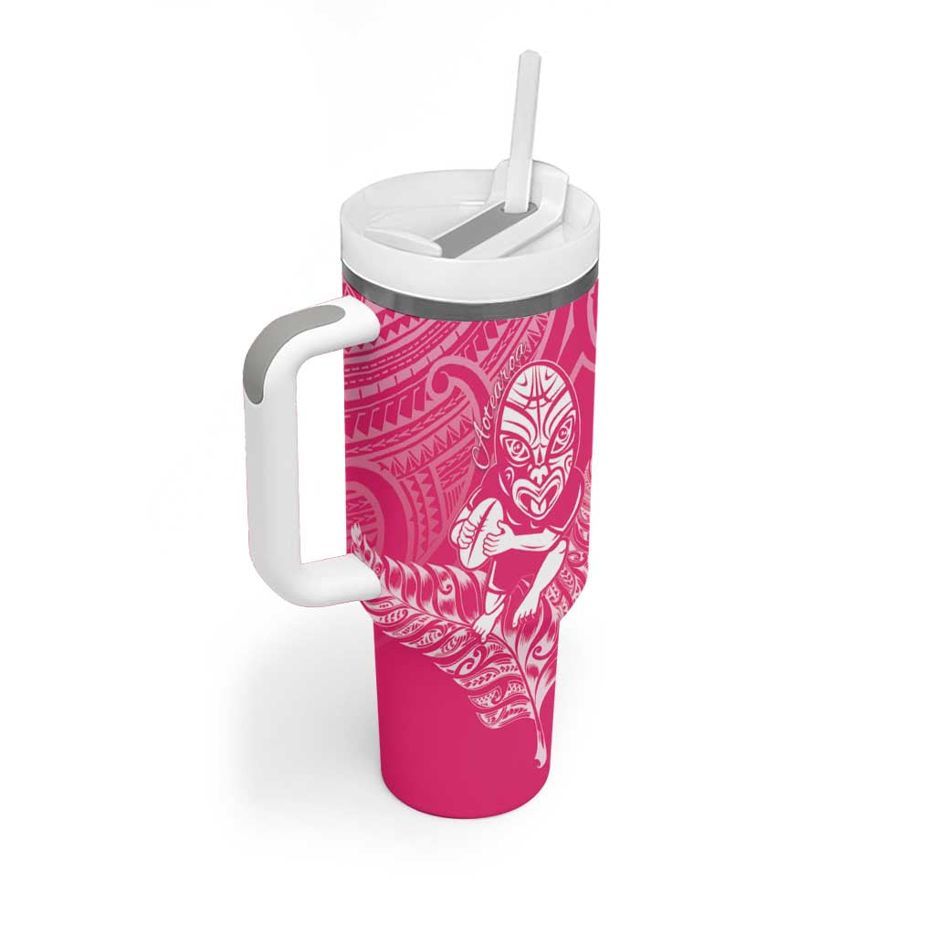 New Zealand Silver Fern Rugby Custom Tumbler With Handle Maori Tiki Pink Version LT15 - Polynesian Pride