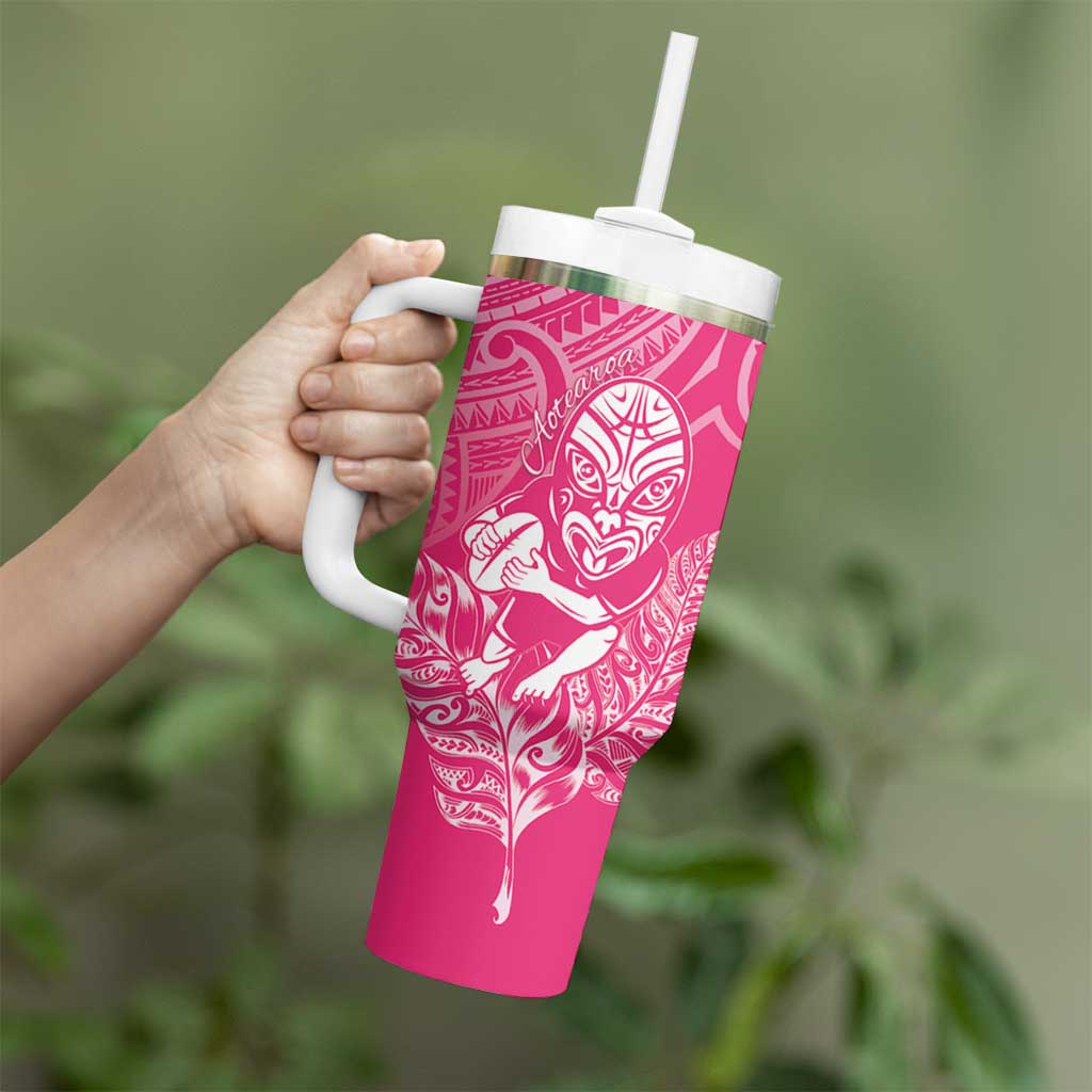 New Zealand Silver Fern Rugby Custom Tumbler With Handle Maori Tiki Pink Version LT15 - Polynesian Pride