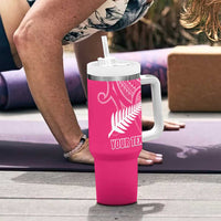 New Zealand Silver Fern Rugby Custom Tumbler With Handle Maori Tiki Pink Version LT15 - Polynesian Pride