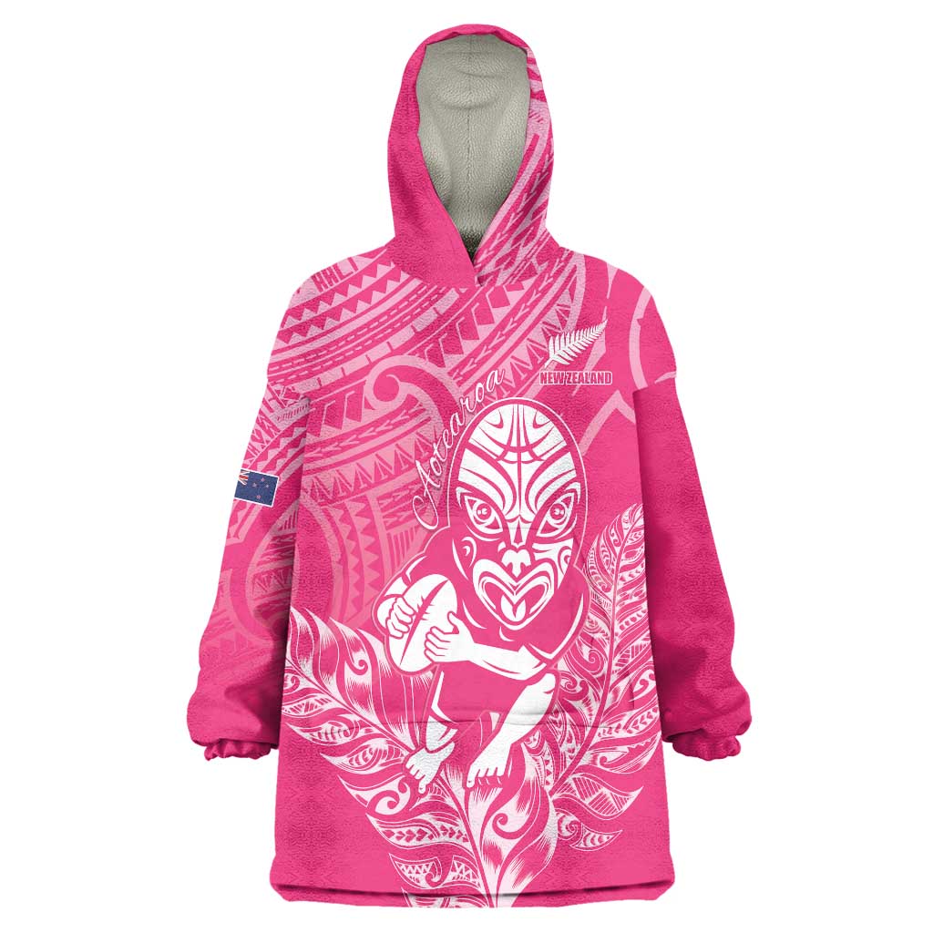 New Zealand Silver Fern Rugby Custom Wearable Blanket Hoodie Maori Tiki Pink Version