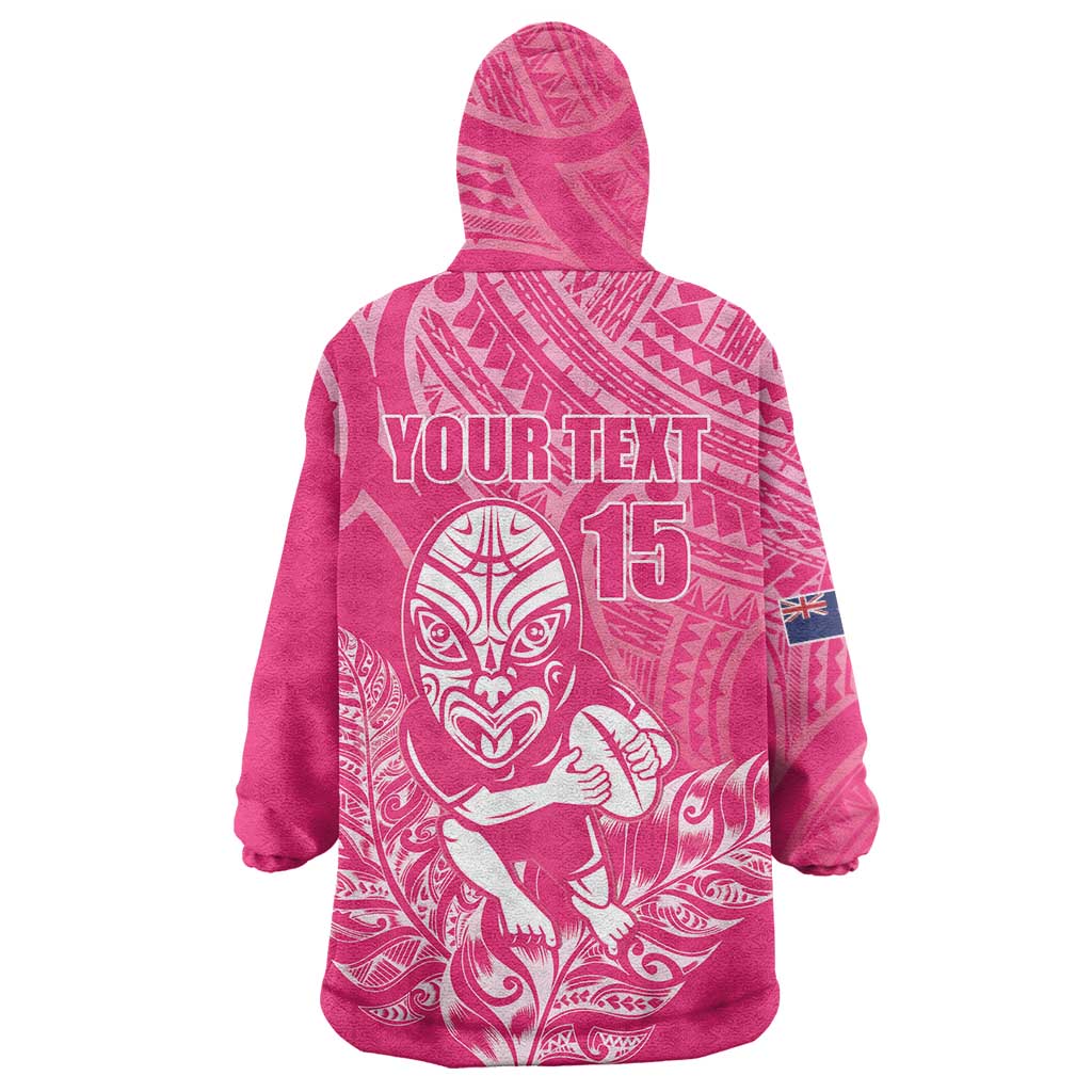 New Zealand Silver Fern Rugby Custom Wearable Blanket Hoodie Maori Tiki Pink Version