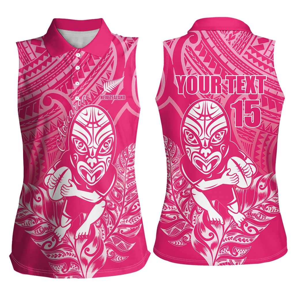 New Zealand Silver Fern Rugby Custom Women Sleeveless Polo Shirt Maori Tiki Pink Version