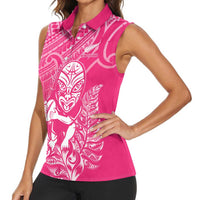 New Zealand Silver Fern Rugby Custom Women Sleeveless Polo Shirt Maori Tiki Pink Version