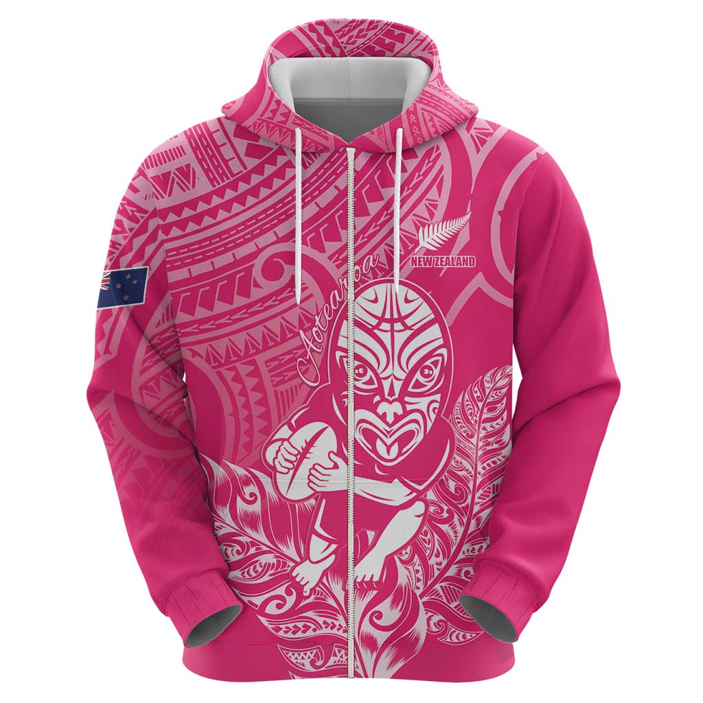 New Zealand Silver Fern Rugby Custom Zip Hoodie Maori Tiki Pink Version LT15 - Polynesian Pride