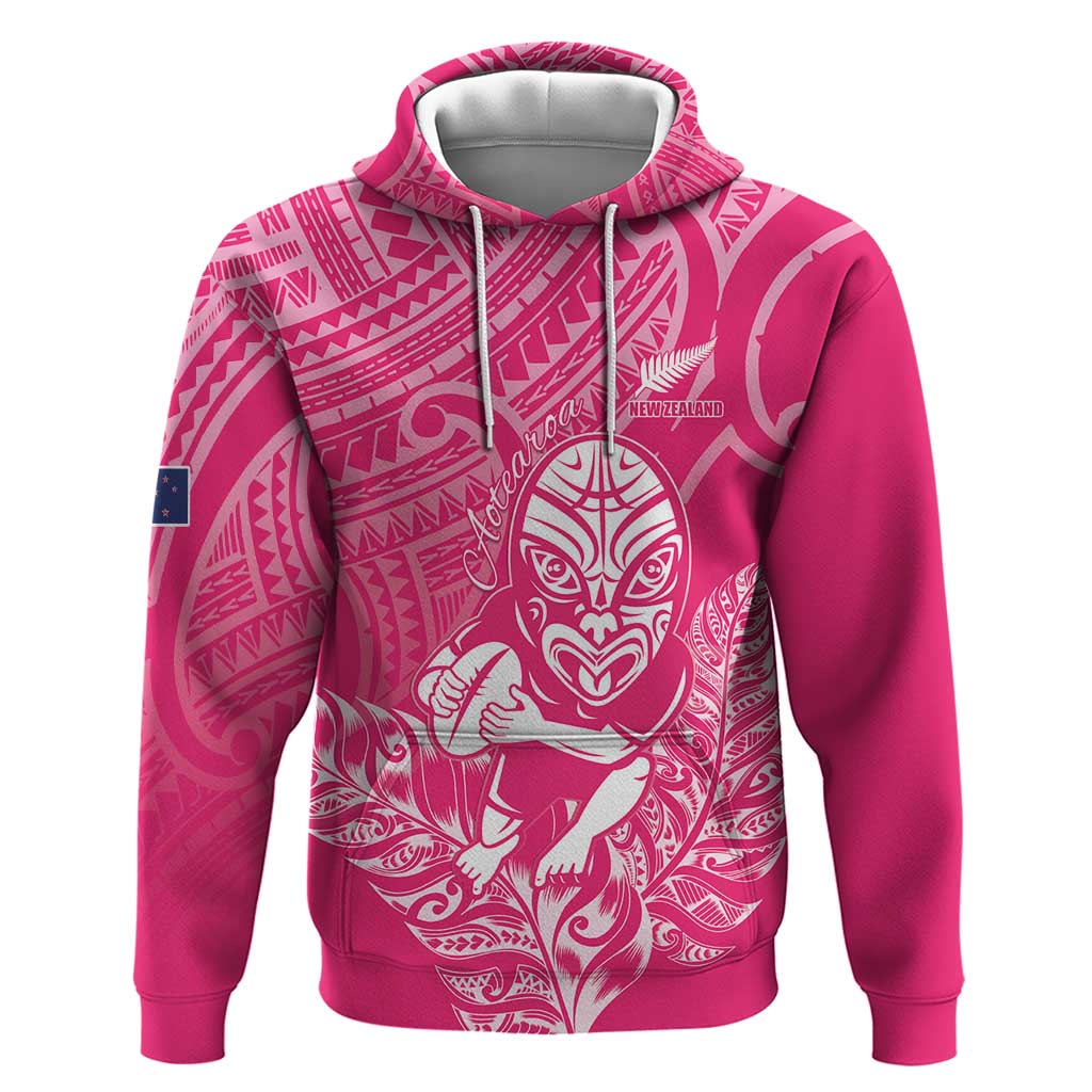 New Zealand Silver Fern Rugby Custom Zip Hoodie Maori Tiki Pink Version LT15 Pullover Hoodie Pink - Polynesian Pride