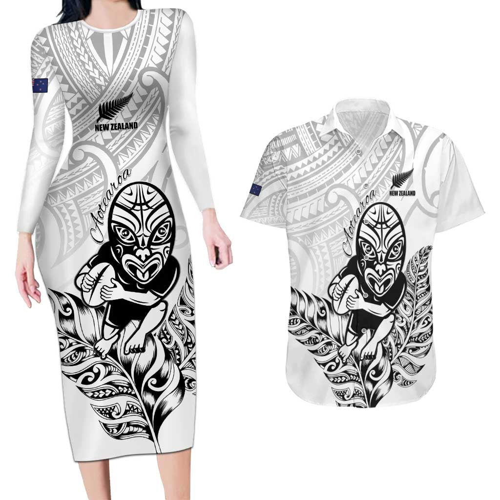 New Zealand Silver Fern Rugby Custom Couples Matching Long Sleeve Bodycon Dress and Hawaiian Shirt Maori Tiki White Version