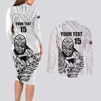 New Zealand Silver Fern Rugby Custom Couples Matching Long Sleeve Bodycon Dress and Long Sleeve Button Shirt Maori Tiki White Version