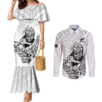New Zealand Silver Fern Rugby Custom Couples Matching Mermaid Dress and Long Sleeve Button Shirt Maori Tiki White Version