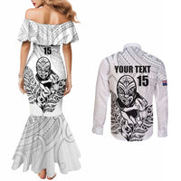 New Zealand Silver Fern Rugby Custom Couples Matching Mermaid Dress and Long Sleeve Button Shirt Maori Tiki White Version