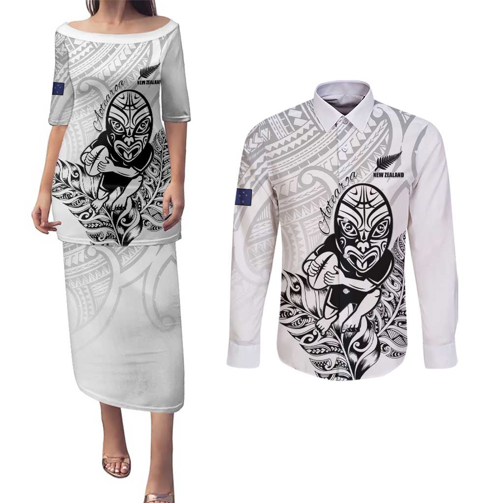 New Zealand Silver Fern Rugby Custom Couples Matching Puletasi and Long Sleeve Button Shirt Maori Tiki White Version
