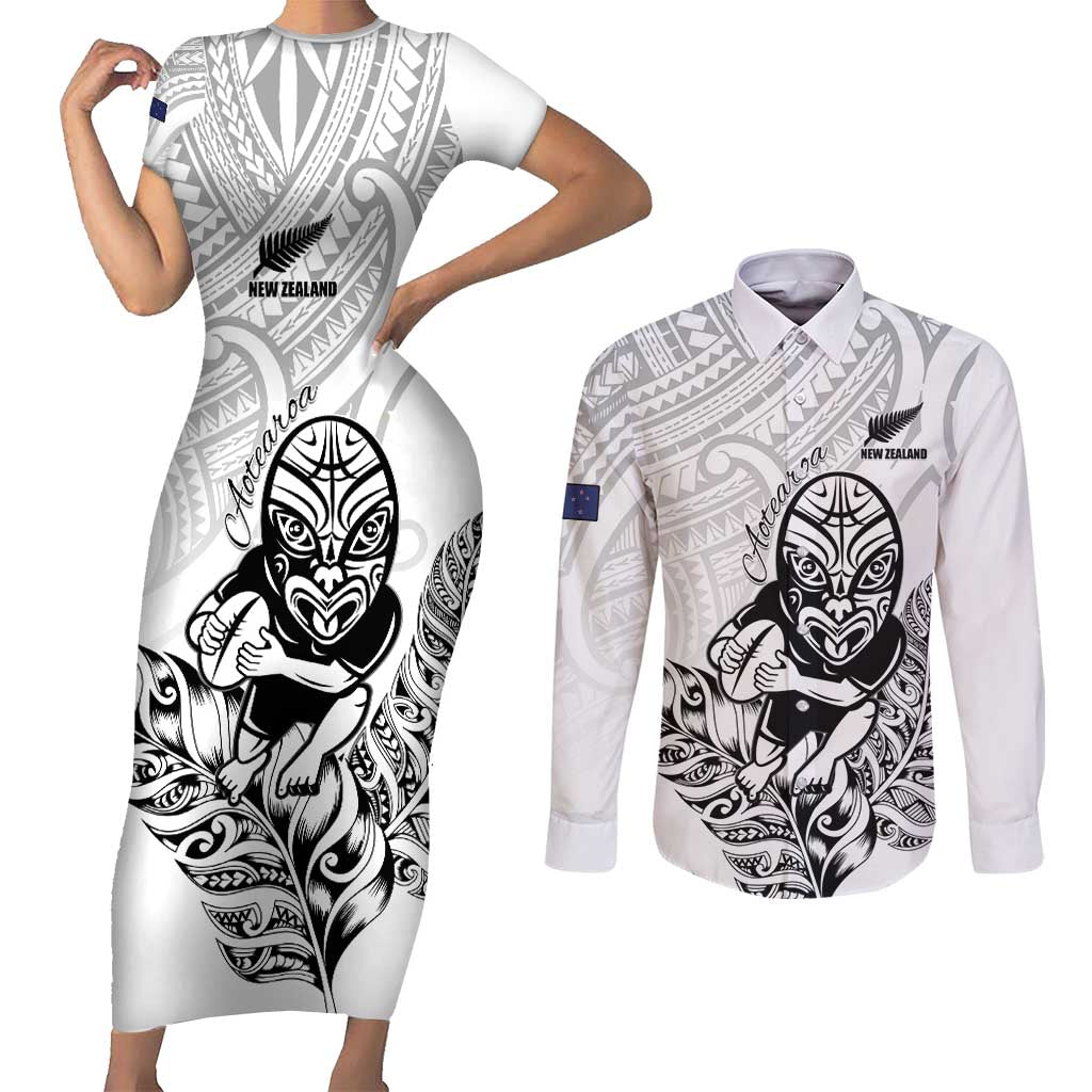 New Zealand Silver Fern Rugby Custom Couples Matching Short Sleeve Bodycon Dress and Long Sleeve Button Shirt Maori Tiki White Version