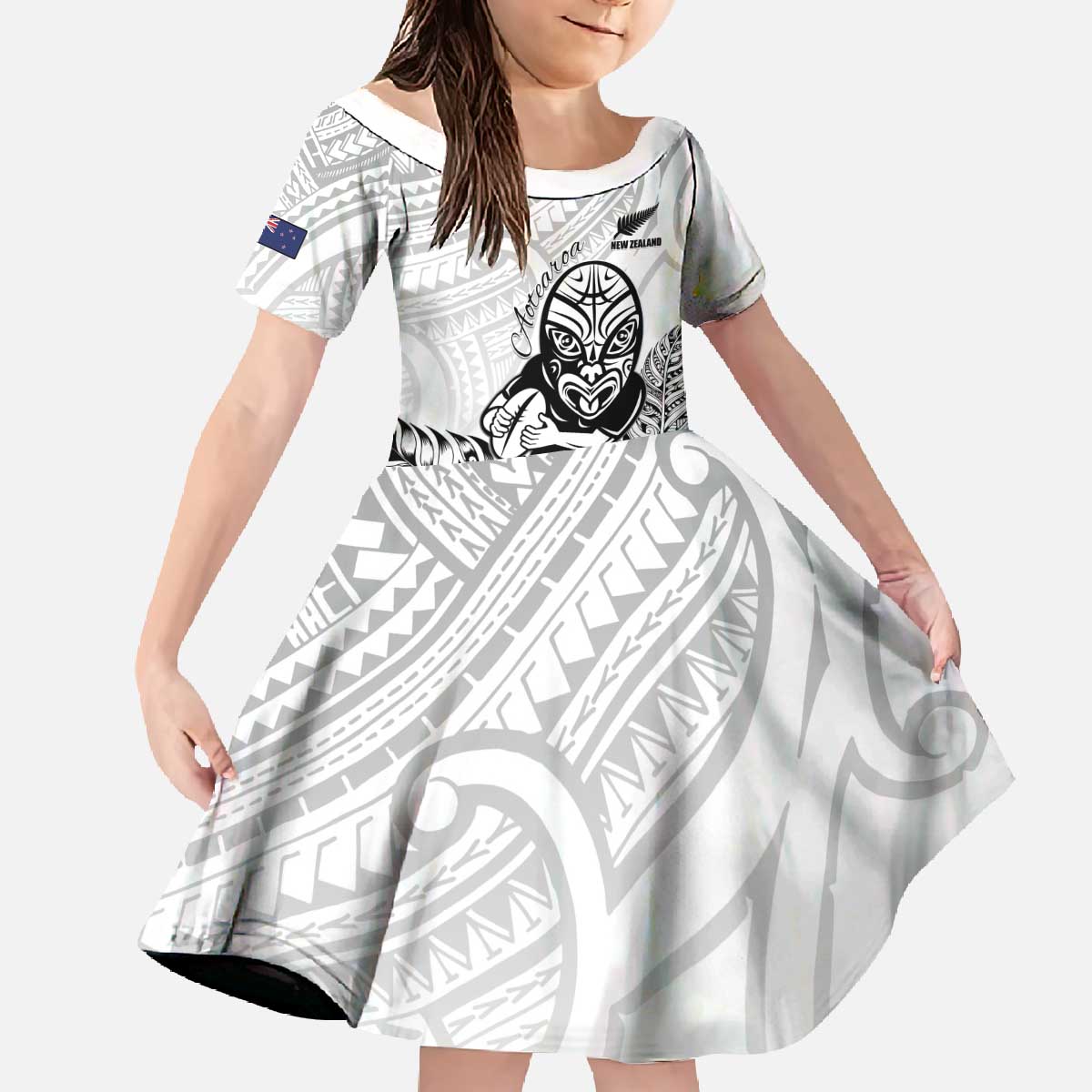 New Zealand Silver Fern Rugby Custom Family Matching Off The Shoulder Long Sleeve Dress and Hawaiian Shirt Maori Tiki White Version