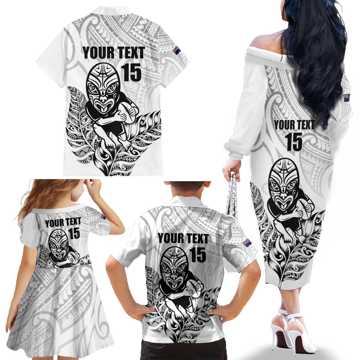 New Zealand Silver Fern Rugby Custom Family Matching Off The Shoulder Long Sleeve Dress and Hawaiian Shirt Maori Tiki White Version