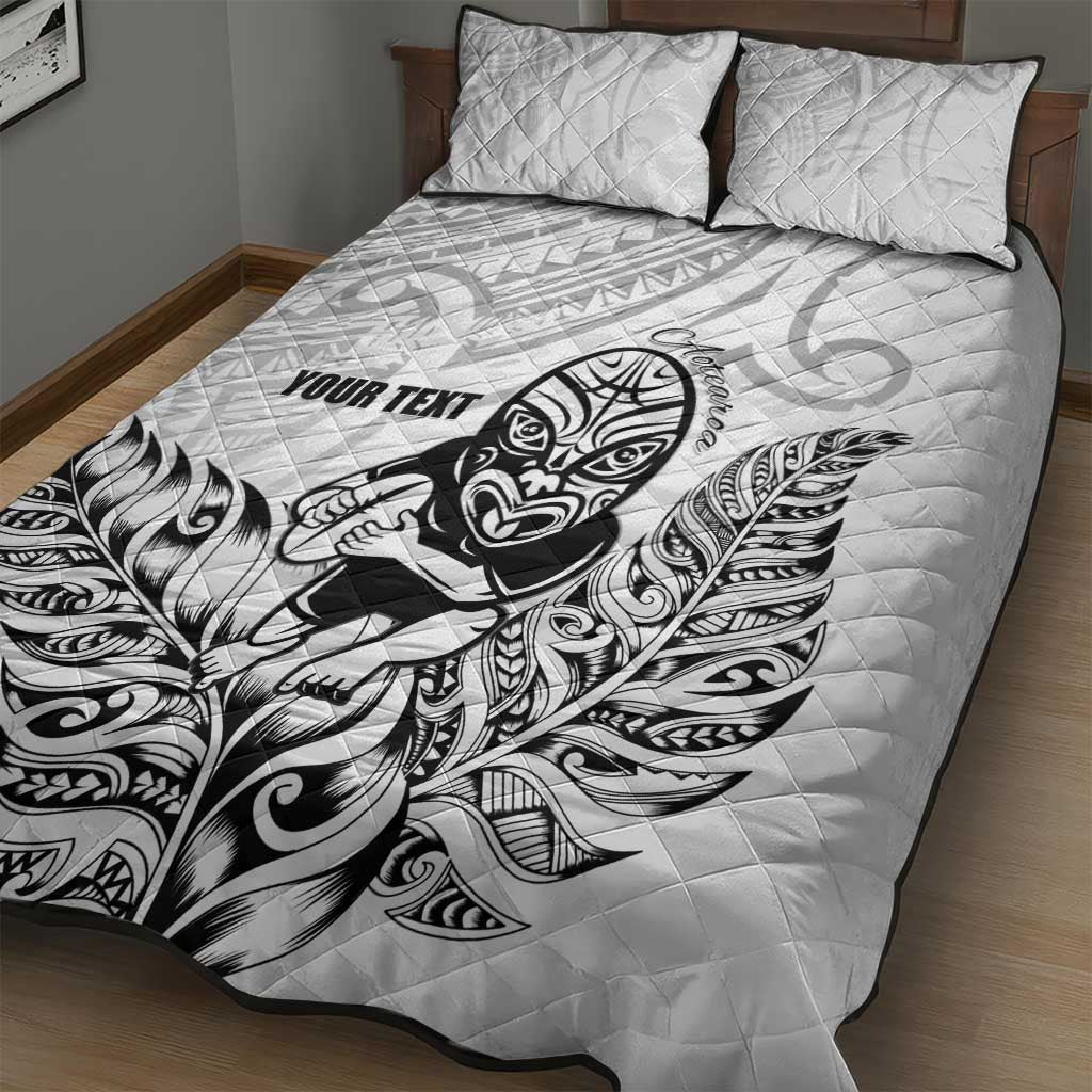 New Zealand Silver Fern Rugby Custom Quilt Bed Set Maori Tiki White Version