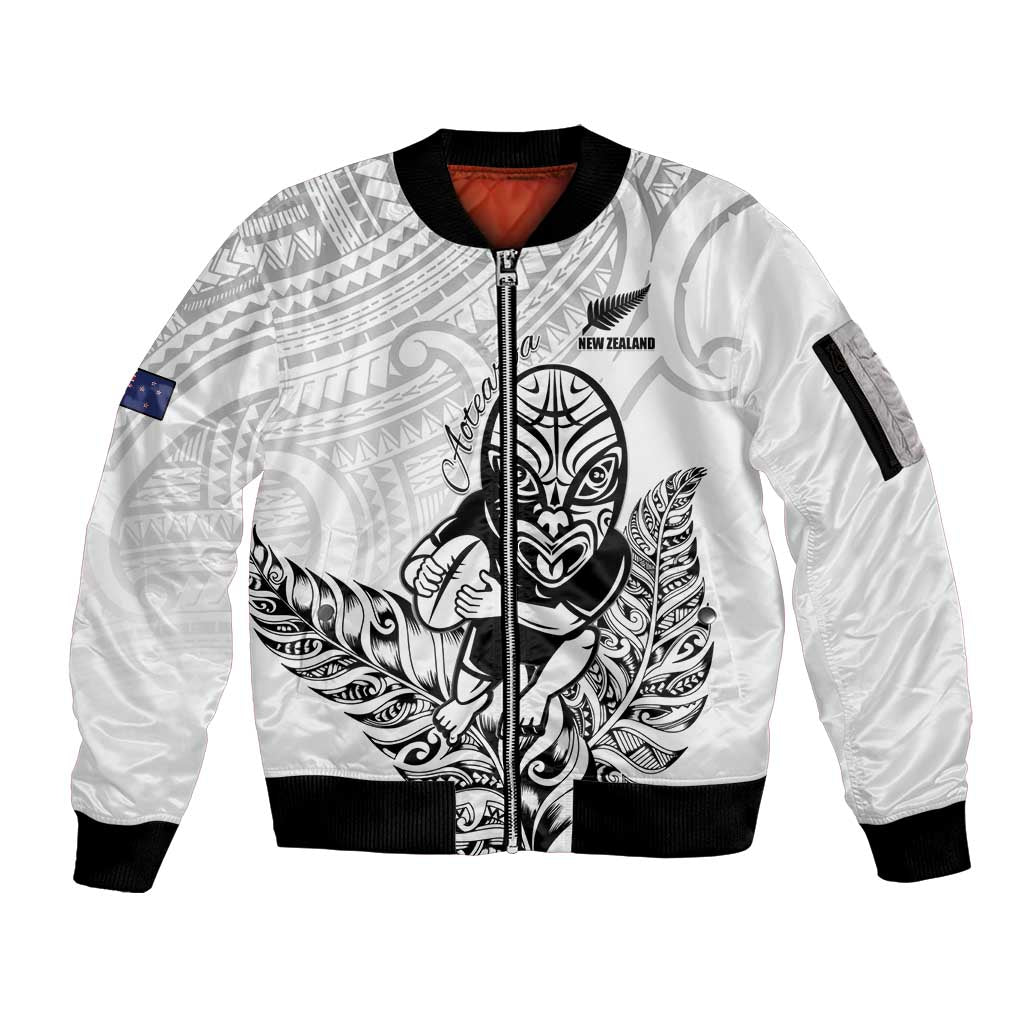 New Zealand Silver Fern Rugby Custom Sleeve Zip Bomber Jacket Maori Tiki White Version