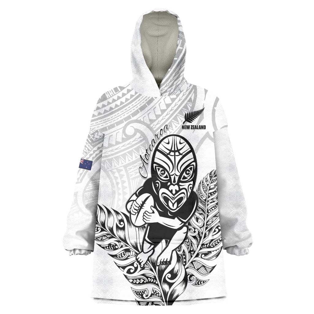 New Zealand Silver Fern Rugby Custom Wearable Blanket Hoodie Maori Tiki White Version